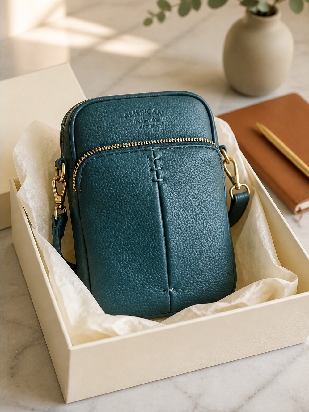 NWT American Leather Co Dark Teal Cleveland Crossbody Bag Glove Tanned Leather - Picture 2 of 12